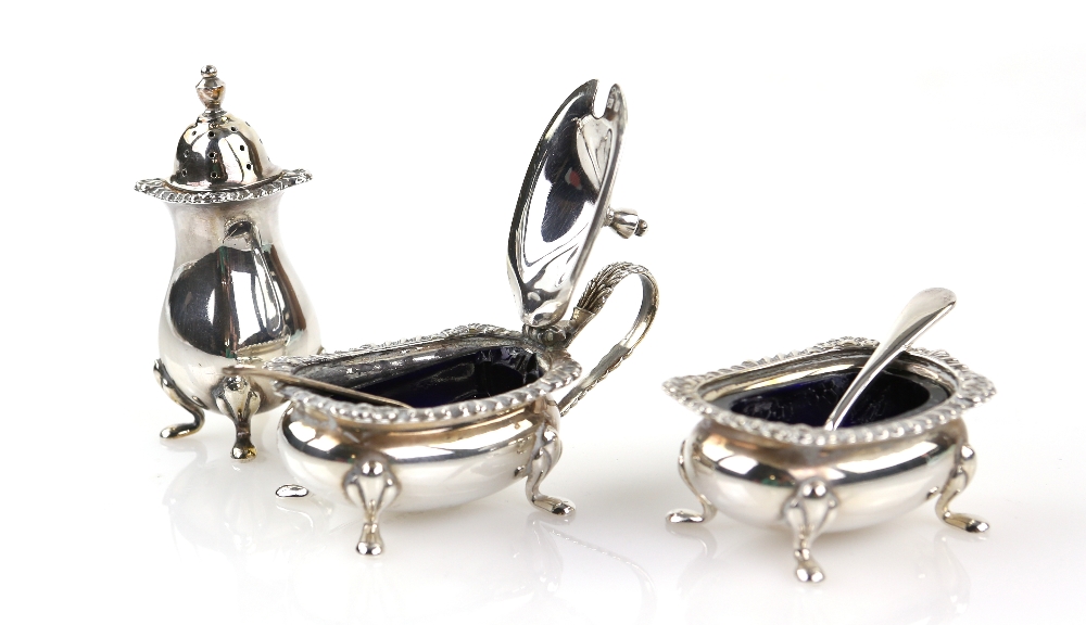 Modern silver cruet set, comprising salt, mustard, pepperette and tray, with gadrooned borders, with - Image 4 of 6