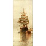 F J Aldridge (British, 1850-1933), sailing ship at mooring, watercolour, signed, 38cm x 17cm. Foxing