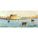 C. Galea, 20th century, 'Fort St. Angelo, Malta', signed, watercolour, 15.5cm x 34.5cm,.