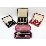 Victorian silver spoon and fork set, in fitted case, together with three further cased spoon sets, 7