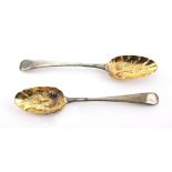 Pair of George III silver berry spoons, with beaded handles, maker's mark 'JJ', London, 1779, 4oz,