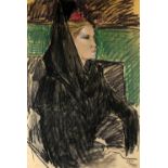 Kay Gallwey (British, b.1936). Portrait of a Seated Woman wearing a Black Mantle. Pastel. Signed