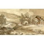 John Varley Landscape with distant castle, watercolour, unsigned, with label to verso Saunders of