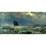 H. Moore, fishing boat in stormy seas, oil on canvas, signed lower right, 24cm x 49.5cm..