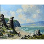 Hugh McIlfatrick beach scene with figures, oil on board signed lower right 39cm x 49cm.