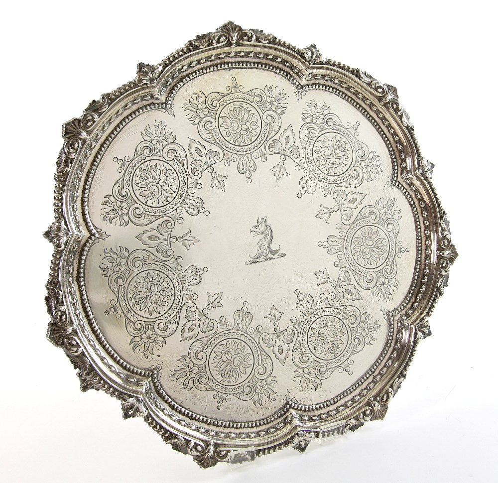 Victorian silver salver with moulded scroll and bead border and engraved decoration, on three ball - Image 2 of 6