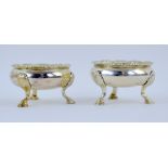 Pair of George II silver salts of cauldron form, each on three hoof feet, maker's mark 'WI', London,