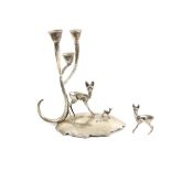 Spanish silver three-branch candelabra centrepiece, adorned with a deer, stag, doe and fawn, by