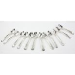 George III and later set of 12 silver fiddle, thread and shell pattern teaspoons, 7 by John &