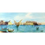 C. Galea, 20th century, 'Entrance of Grand harbour, Malta', signed, watercolour, 15.5cm x 34.5cm,.