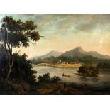 19th century, Continental school, river view with figures on a boat, with a bridge and mountains,