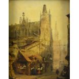 In the manner of David Roberts 19th Century, Continental exterior of a church and town market, oil