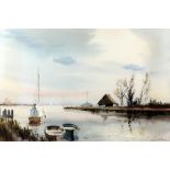 Leslie L. Hardy Moore (1907 - 1997), landscape with boats in foreground, watercolour, signed lower
