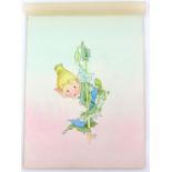 Mary Brooks, Pixie with caterpillar original book illustration, watercolour monogrammed 30cm x