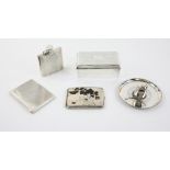 Japanese silver and mixed-metal cigarette case, 11 cm wide, a Mappin & Webb hip flask, another