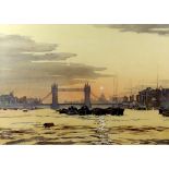 Harry Reddell, Wapping Group, mid 20th century, view of Tower Bridge towards St. Pauls, signed,