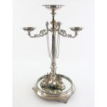 Victorian silver epergne with three beaded bowl holders with scrolling and ram's head decoration,