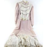 A late Victorian Lilac taffeta dress with lace and velvet trim, balloon sleeves Provenance :