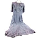 1940's lavender crepe evening dress extensively decorated with sequins and braiding, cap sleeves and