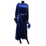 1930s deep blue velvet dress with paste set buckle, hat with beaded trim and Ostrich feather, and