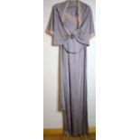 1930's negligee set, lavender with ecru lace, comprising a nightgown, bed jacket, full length