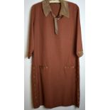 1920's brown silk velvet coat, with attached fur trimmed scarf, a coco coloured day dress with large