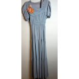 Evening dress in Eau de nil, crepe with gathered shoulders and bodice and tiered skirt, peach velvet