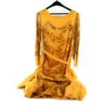 Chiffon and silk Lacis 1920s gold evening dress with stylised floral motif, a black lace