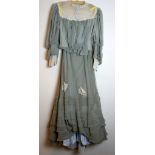 Late Victorian silk chiffon dress, with lace yoke, multi pleat skirt and brushed cotton frilled