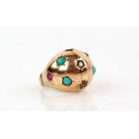 Vintage bombe ring, set with rubies, turquoise and white paste stones, mount testing as 9 ct, ring