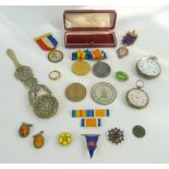 Two silver pocket watches, medals and other items,.