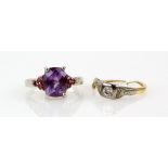 Amethyst and pink tourmaline dress ring, mounted in 9 ct white gold, ring size N and diamond