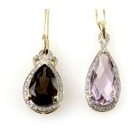 Two gem set diamond pendants and chains, a pear cut checkerboard amethyst set in a border of Swiss