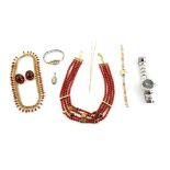 Group of costume jewellery and watches, a vintage 9 ct gold lady's watch on plated strap, other