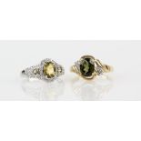 Two green stone rings, green quartz ring, diamond set halo and shoulders, ring size T and oval cut