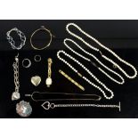 Group of costume jewellery, including rolled gold bangle, silver bracelet and rings, pearl necklace,