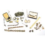 Group of mainly costume jewellery, including Victorian locket, citrine and marcasite ring, ring size