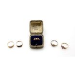 Five antique gem set rings, marquise form ruby and diamond, cased and four others, all 9 ct gold ,