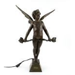 After Auguste Moreau (French 1834 - 1917), `Vici`, an early 20th century bronze sculptural lamp,