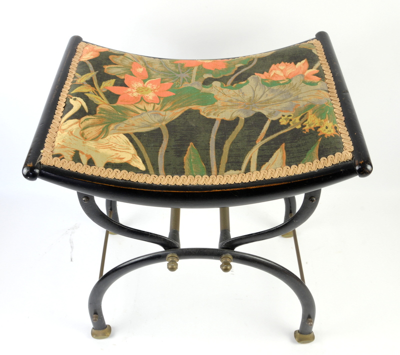 Aesthetic Movement, painted metal and brass X-framed adjustable music stool with ebonised dished - Image 2 of 4