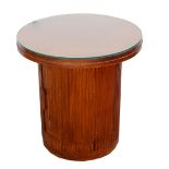 Art Deco mahogany drum table, circular top with reeded base, including curved door cabinet .