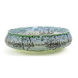 Daum Nancy bowl an oval form bowl, with trees in a lakeside landscape.the birch trees etched in