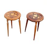 A pair of circular occasional tables the tops inlaid with various woods in a floral design, C1930 .