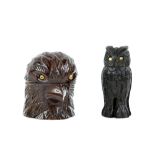 Two novelty carved bog oak inkwells, one in the form of an owl, with glass eyes, and a mahogany