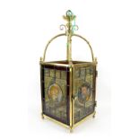 Antique brass and leaded glass lantern form ceiling light, each circular panel painted with a