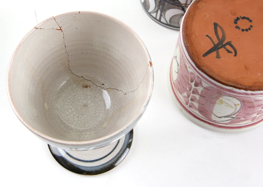 Alan Caiger-Smith, seven goblets with painted design in blues and greys, a similar bowl and a pot, - Image 5 of 6