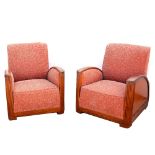 Pair of Art Deco armchairs, the shaped sides terminating in reeded panels, upholstered in moquette