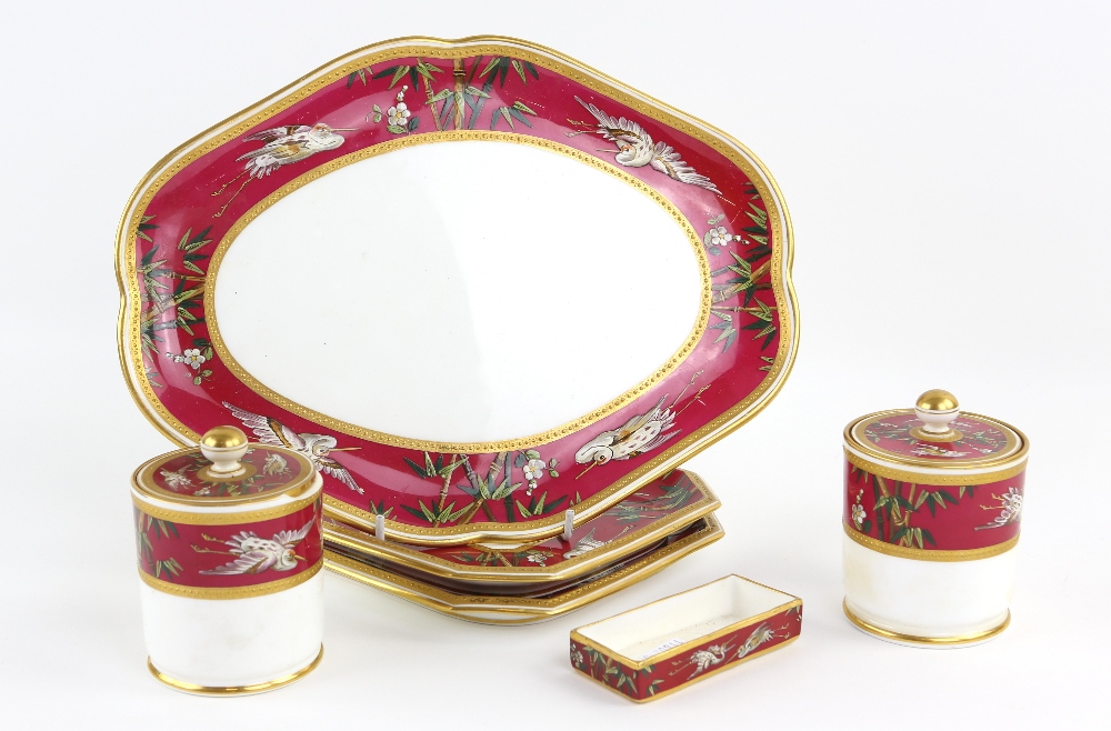 Minton Aesthetic Movement porcelain cabinet wares comprising Pair of porcelain canisters enamelled