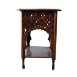 Rosewood two tier table with Moorish arch fretwork, C 1900, height 66 x 36 x 36 cm .