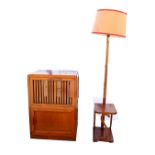 Art Deco mahogany standard lamp with shelf, and a cabinet with drop down louvre door, a single